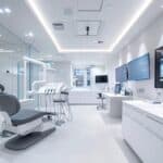 a sleek, modern dental clinic interior featuring high-tech equipment and a digital display charting the success rates of dental implants, illuminated by bright overhead lighting to emphasize a professional and clinical atmosphere.