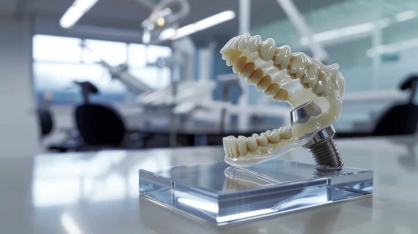 a sleek, modern dental clinic interior showcases a detailed close-up of a dental implant model on a polished countertop, highlighting the titanium root emerging from a realistic jawbone replica under professional lighting, emphasizing innovation in dental technology.