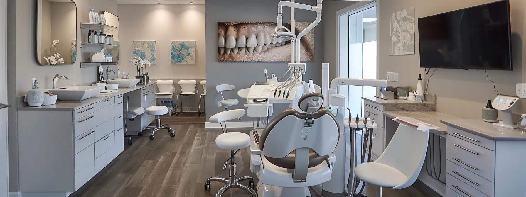 a sleek, modern dental office features a confident patient smiling broadly, showcasing a perfectly restored smile with dental implants, while a meticulous dentist discusses the impressive benefits of this tooth replacement option in a sterile, well-lit environment.