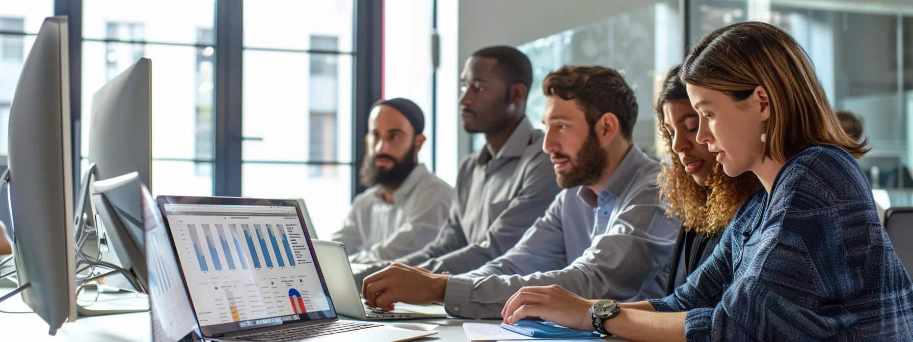 a sleek, modern office workspace is filled with diverse professionals intently reviewing information on laptops and tablets, surrounded by charts and graphs that represent reliable customer feedback for extraction services in denton, ensuring informed decision-making.