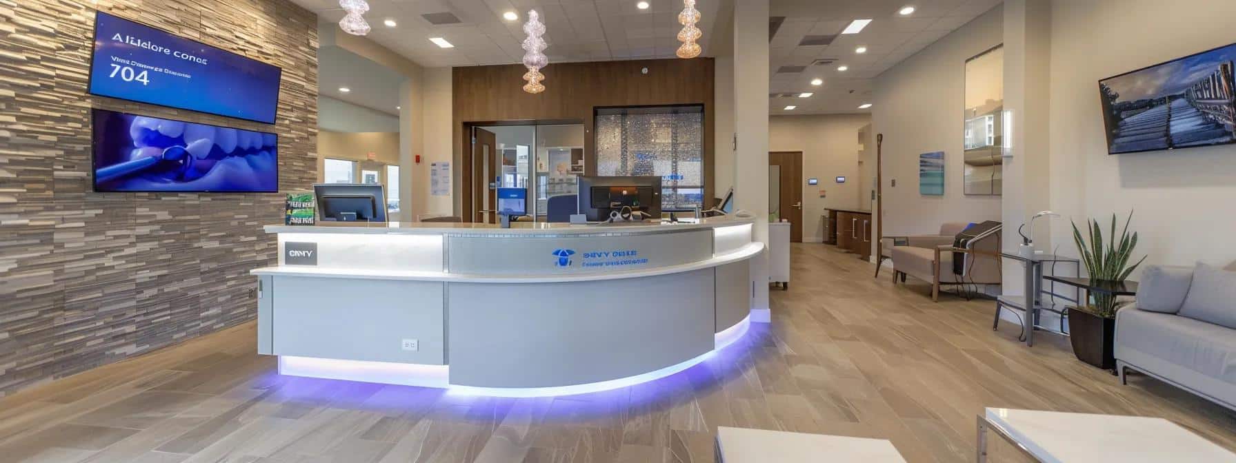 a well-lit modern dental clinic reception area, featuring a welcoming front desk and digital screens displaying emergency dental services, embodies the essence of 24-hour care in cleburne, tx, ready to assist patients with urgent needs at any hour.