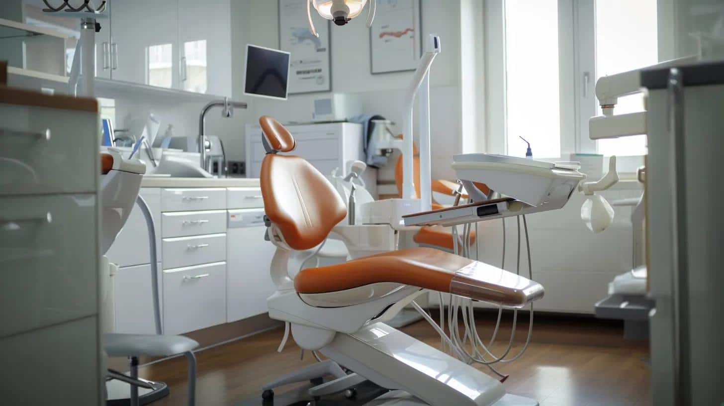 a well-lit dental clinic room features a modern dental chair and sophisticated dental equipment, highlighting a professional discussing post-operative care for dental implants with a patient in a calm and reassuring atmosphere.