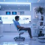 a worried patient sits in a modern dental office, surrounded by high-tech equipment and the stark lighting of a consultation room, reflecting the anxiety of navigating implant failures.