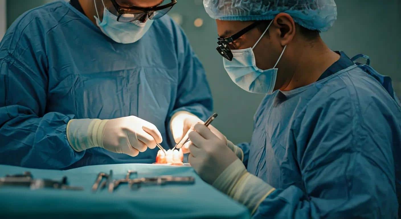 Dental surgeon performing an implant procedure in a modern operating room