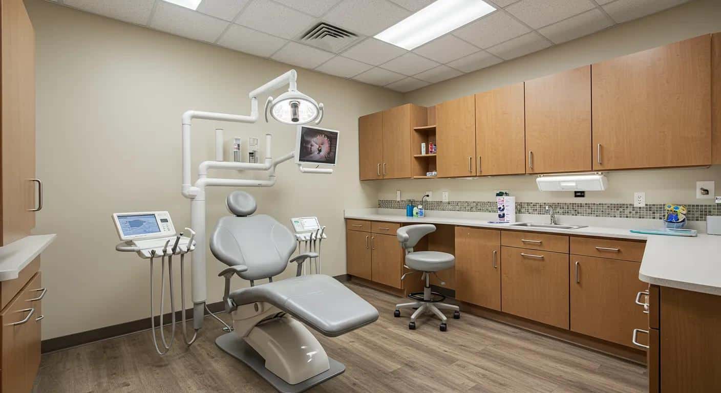 a sleek, modern dental office in cleburne, featuring high-tech equipment and a warm, inviting atmosphere, symbolizing affordable care for dentures and implants.