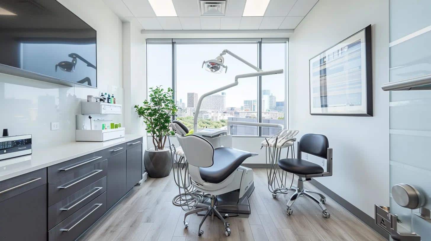 an elegantly designed dental office showcasing a pristine examination room, with a sleek dental chair, modern equipment, and a large window displaying a cityscape, emphasizing the theme of advanced dental care and longevity of dental implants.