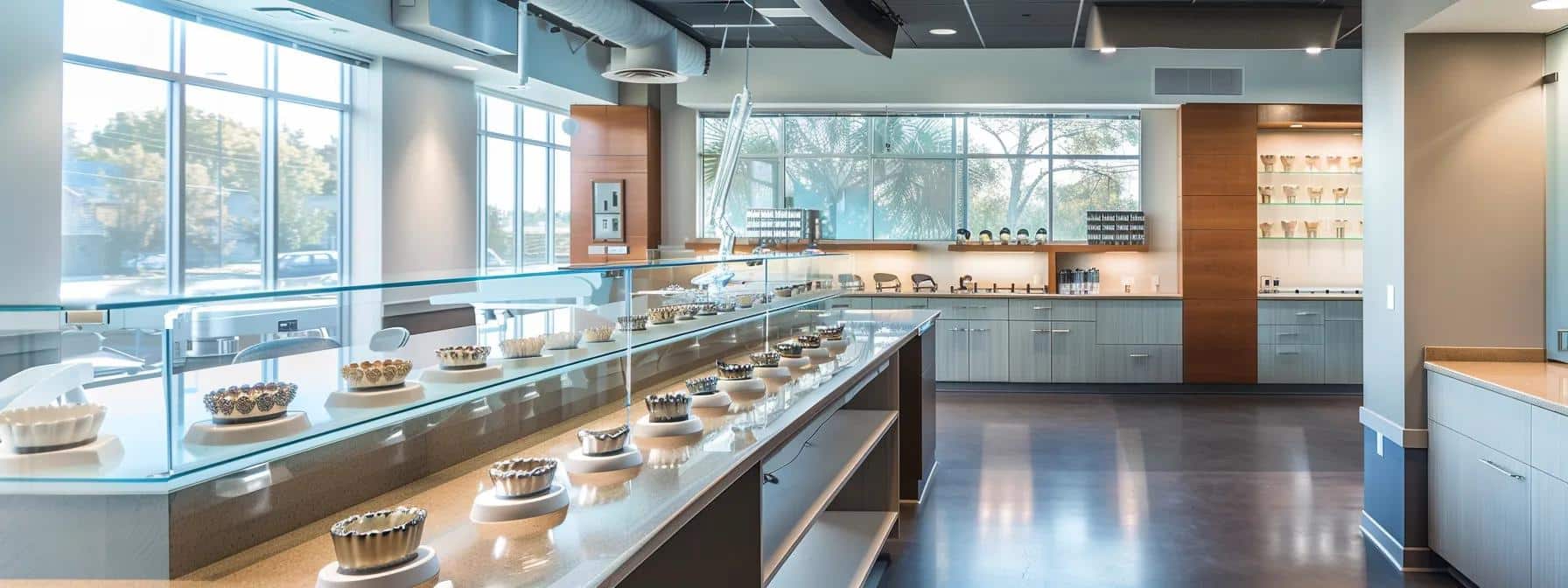 a sleek and modern dental office in cleburne features an array of dental crowns displayed on a polished countertop, showcasing vivid porcelain, glimmering metal, and natural-looking ceramic options under bright, clinical lighting.