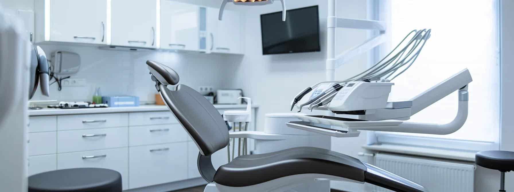 a modern dental clinic interior, featuring a sleek treatment chair and dental tools meticulously arranged on a polished countertop, illuminated by bright overhead lights to emphasize a clean and professional atmosphere centered around the care of dentures and implants.