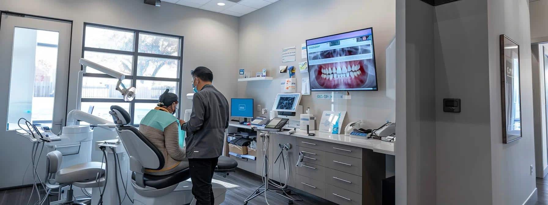 a sleek, modern dental office is filled with state-of-the-art equipment, featuring a confident patient reviewing vibrant before-and-after photos on a digital tablet, while a knowledgeable provider gestures toward a wall displaying impressive board certifications and testimonials.