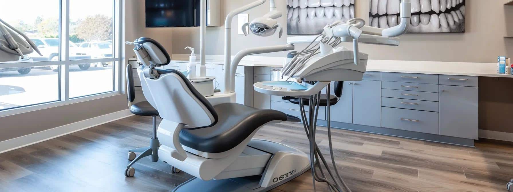 a modern dental office with sleek, high-tech equipment prominently displayed, featuring a comfortable dental chair and a bright, inviting atmosphere, ready for the crown fitting process.