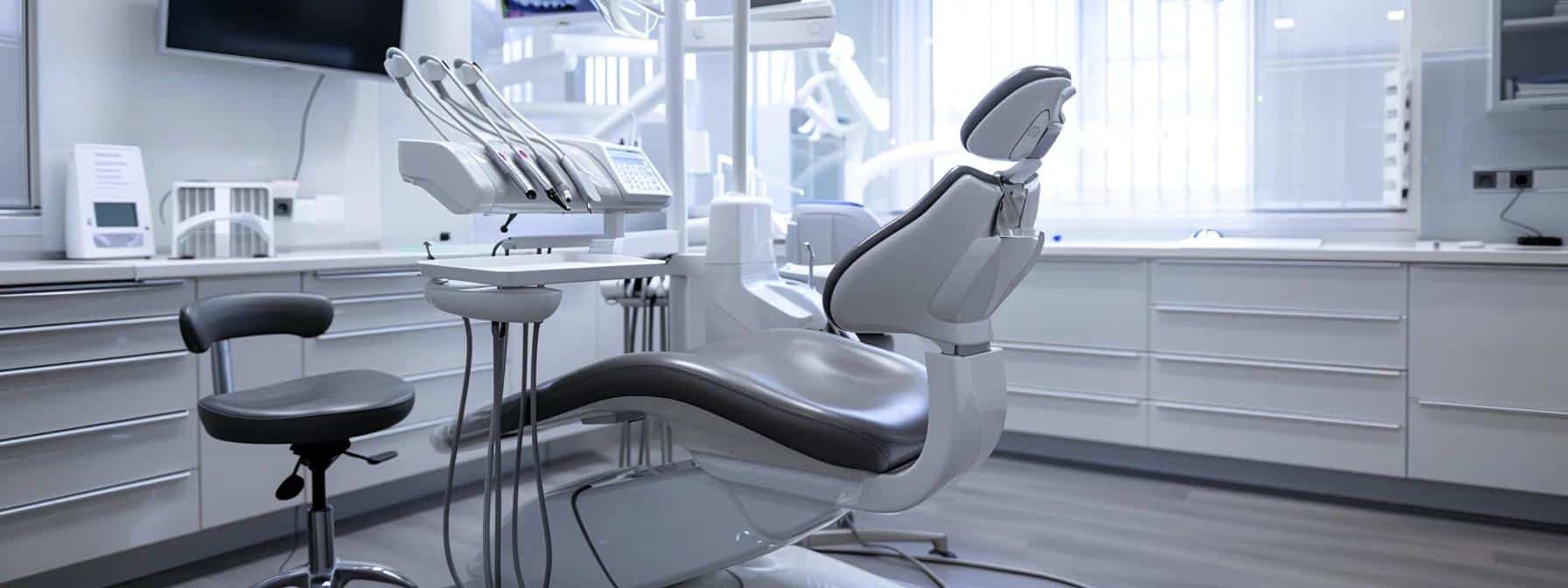 a sleek, modern dental office interior features a bright, spotless examination room with a high-tech dental chair and tools, underscoring the importance of advanced oral hygiene practices in preventing gum disease.