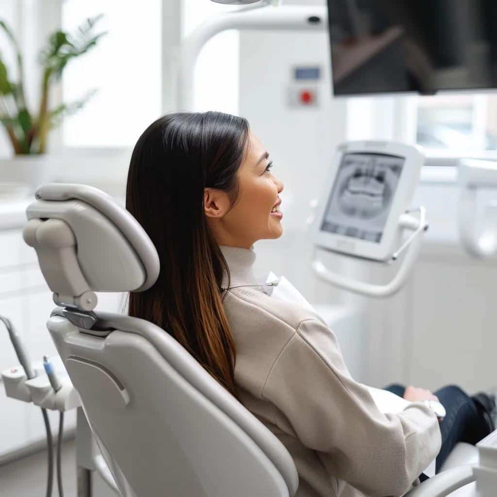 a close-up in a modern dental clinic captures a serene patient seated in a comfortable, well-lit examination room, surrounded by dental tools and a digital monitor displaying implant recovery information, emphasizing the careful management and attentive care involved in the post-surgery process.