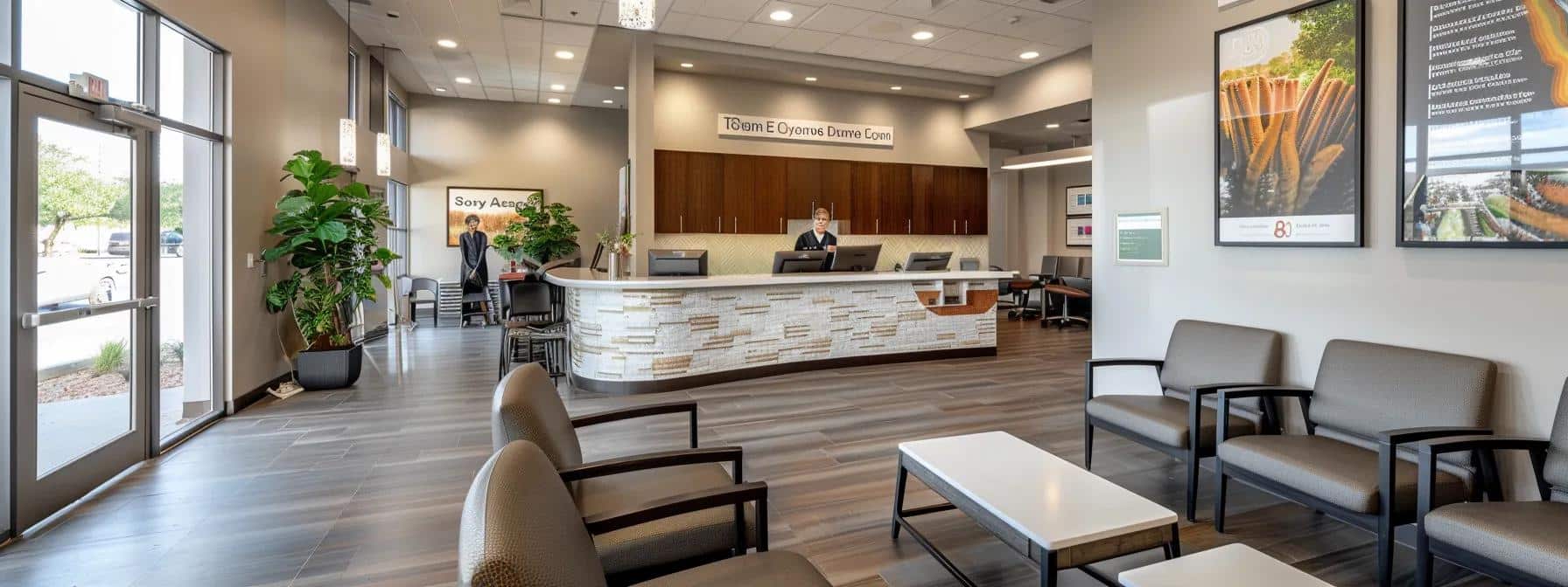 a sleek, modern dental clinic reception area in tyler, texas, showcases a welcoming environment with professional staff interacting with patients while emphasizing regional dental health posters and local community connections.