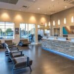 a modern dental office in cleburne, texas, featuring a sleek reception area with affordable dental crown advertisements displayed prominently, illuminated by warm lighting to create an inviting atmosphere.