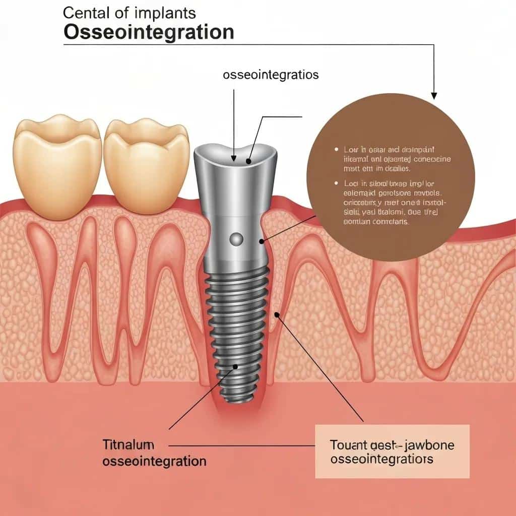 Cross-section of a dental implant showing osseointegration with jawbone