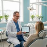Friendly dentist discussing payment plans with a patient in a welcoming dental office