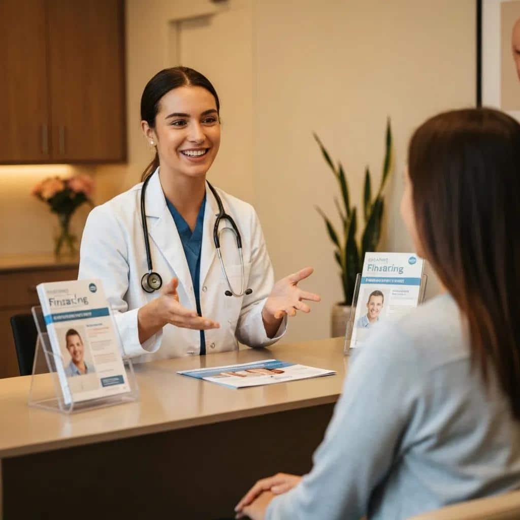 Dental office staff member discussing financing options with a patient in a welcoming reception area