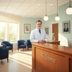 Welcoming dental clinic reception with a friendly dentist and patient interaction