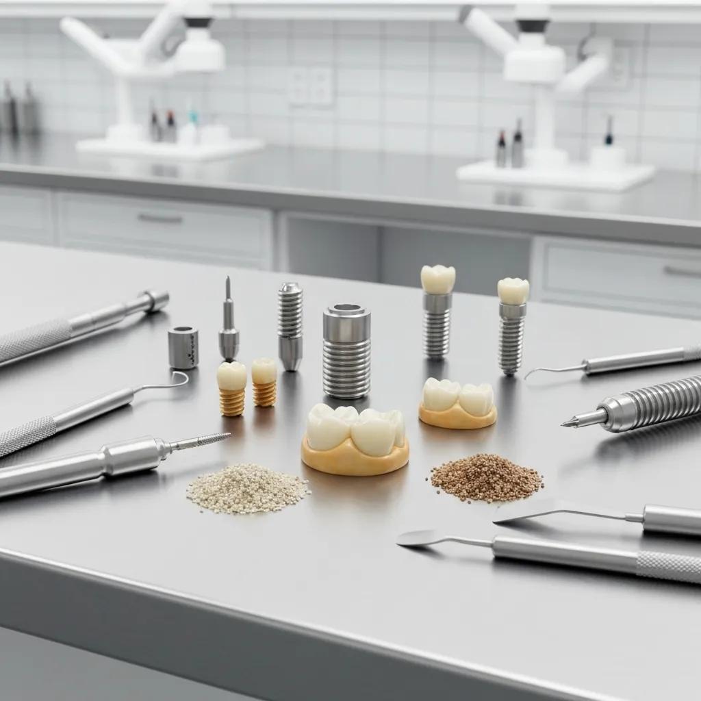 Various dental implant materials and tools illustrating factors influencing implant costs