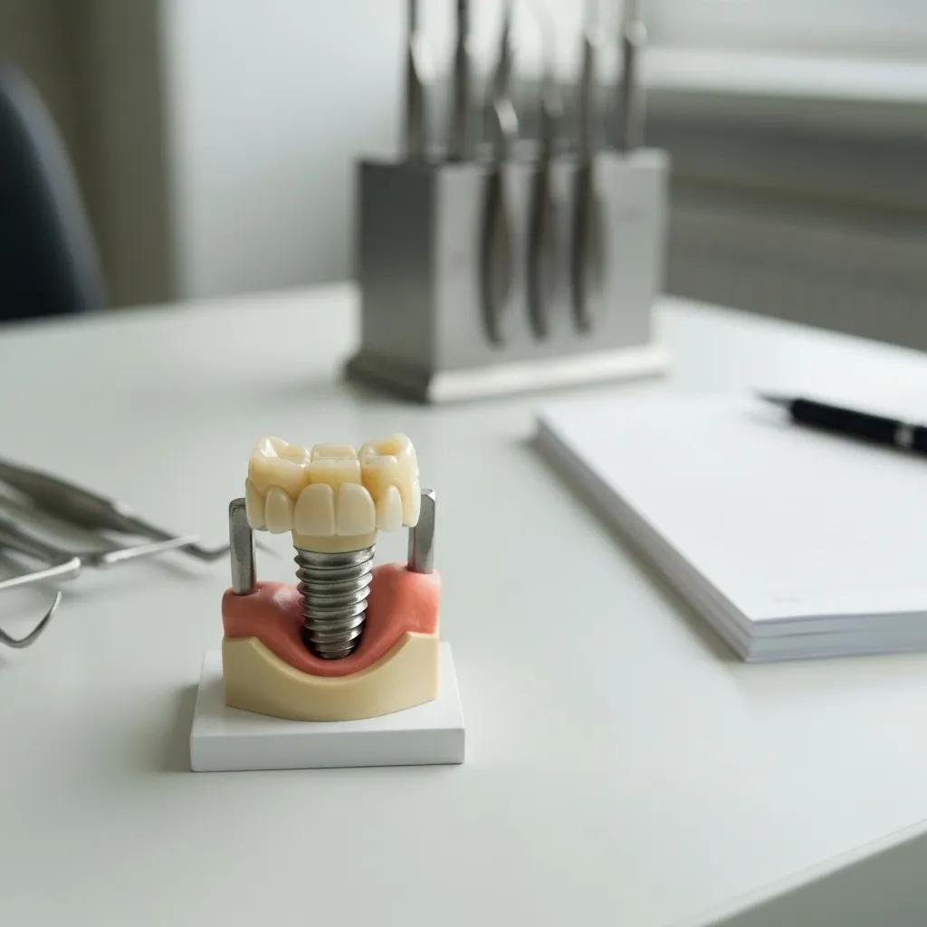 Close-up of a dental implant model on a professional dental workspace, emphasizing the details of the implant