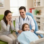 Family visiting a dentist's office, highlighting affordable dental care and payment plans