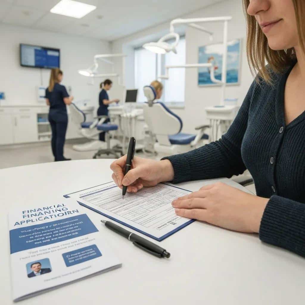 Patient completing a dental financing application in a dental office setting