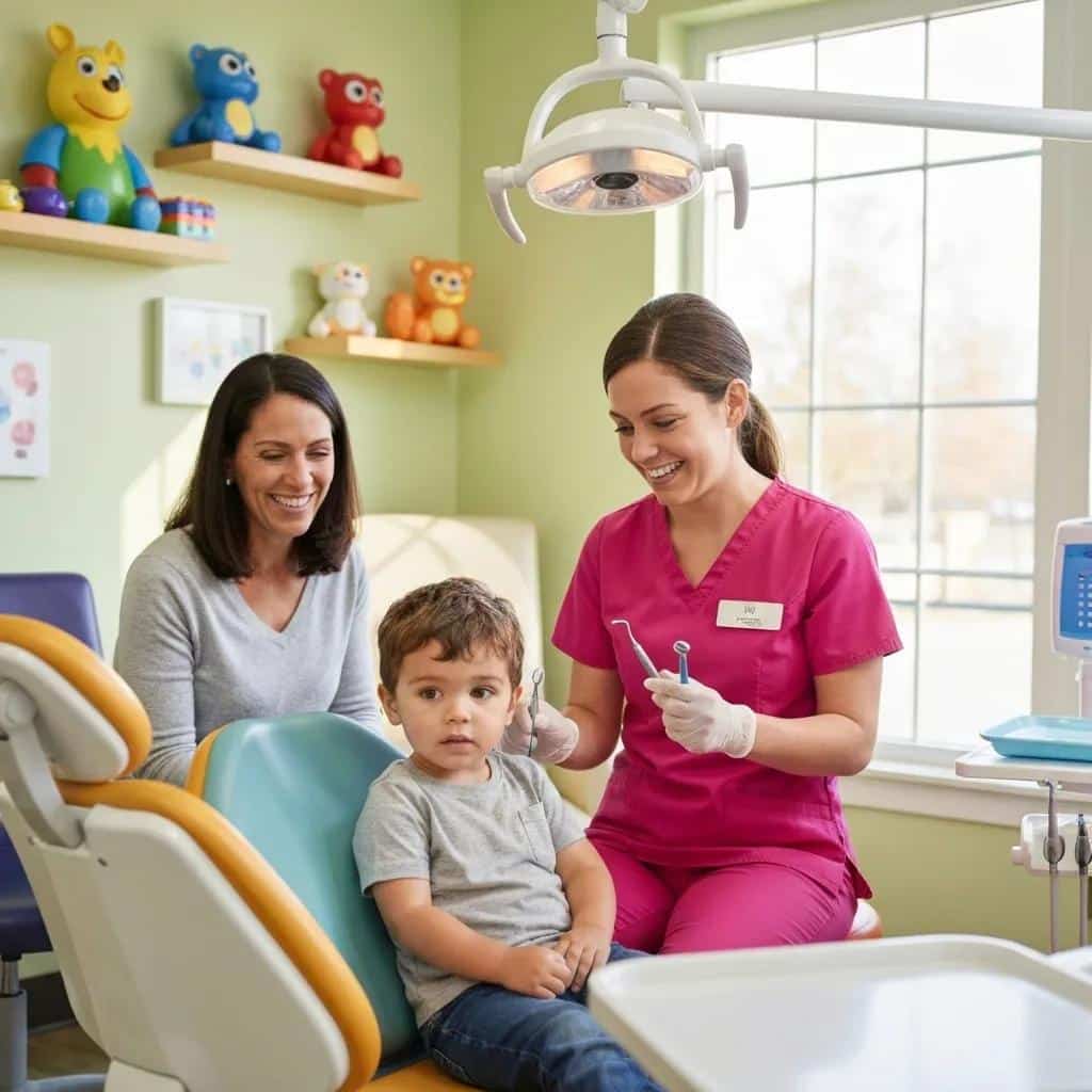 Pediatric dental office with a hygienist and child, illustrating a welcoming first dental visit experience