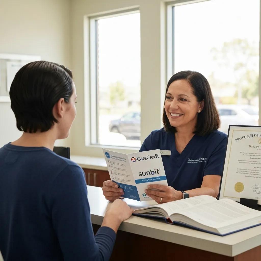 Patient discussing dental financing options with staff in a friendly dental office