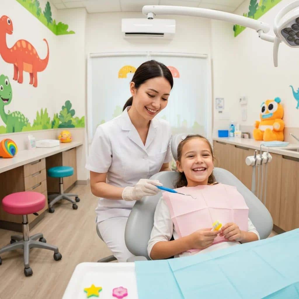 Pediatric dentist providing care to a child in a colorful dental office