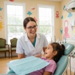 Family dentist office with a friendly dentist and child, highlighting affordable dental care