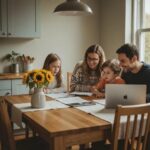 Family discussing affordable payment plans at a kitchen table, emphasizing financial collaboration and support