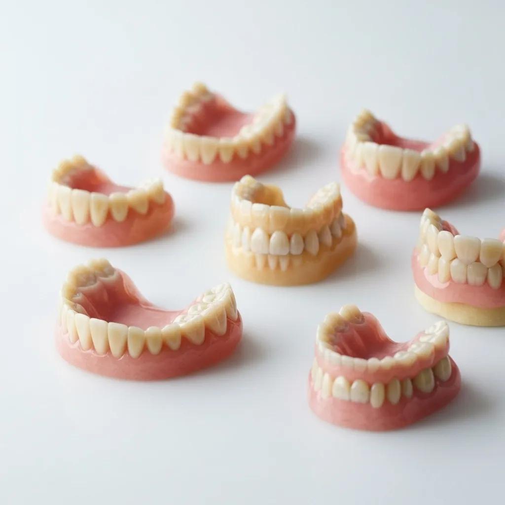Different types of dentures including full, partial, and immediate options displayed on a clean surface