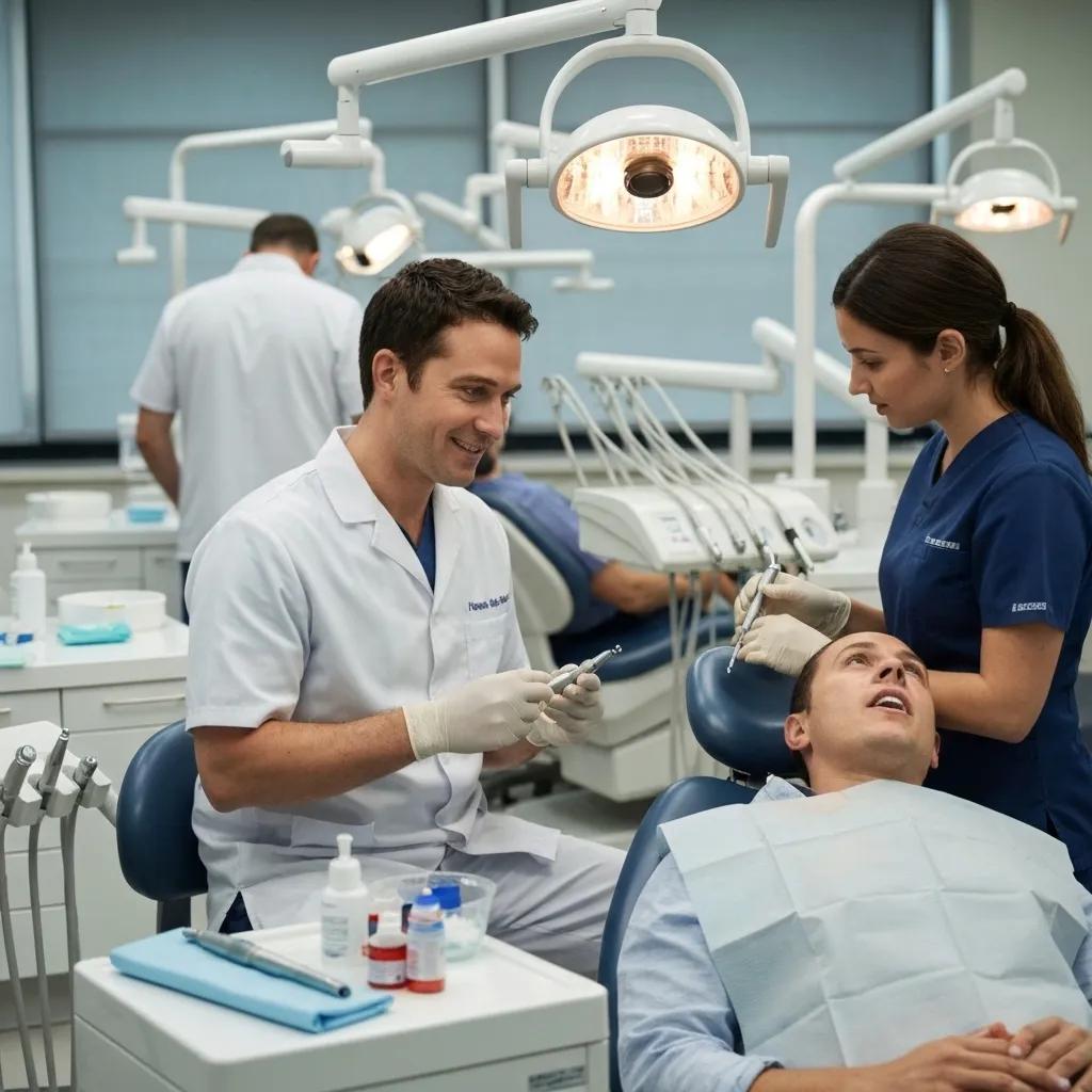 Emergency dental clinic scene with a dentist and nurse preparing for a root canal procedure, illustrating urgent care