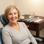 Smiling person with dentures in a cozy dental office, representing affordable smile restoration
