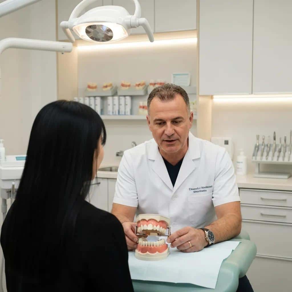 Dentist explaining the dental implant process to a patient in a modern dental clinic setting