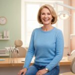 Smiling person with dentures in a cozy dental office, representing affordable dental solutions