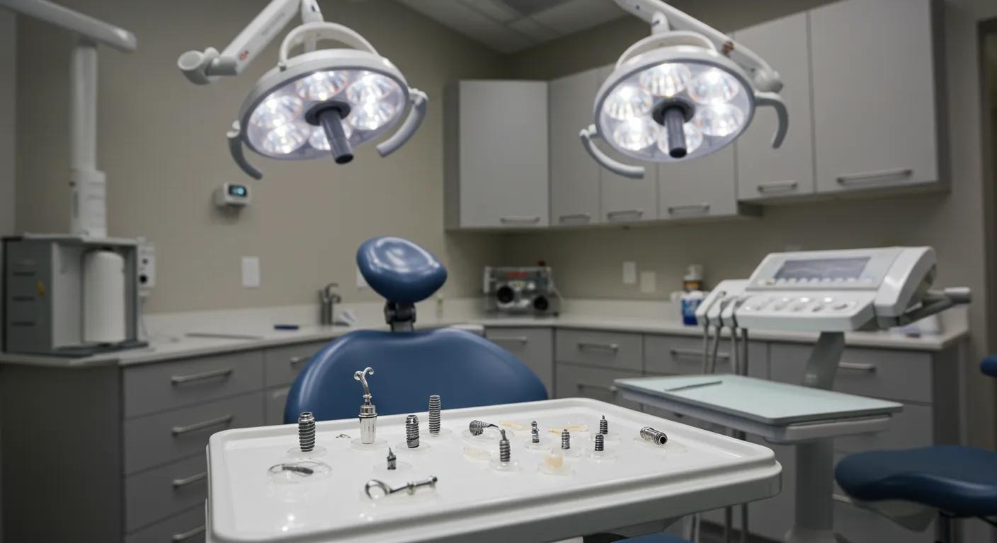 a modern dental clinic in lake worth, showcasing an array of sleek dental implants displayed on a polished examination table, illuminated by bright, clinical lighting that highlights the innovative designs.