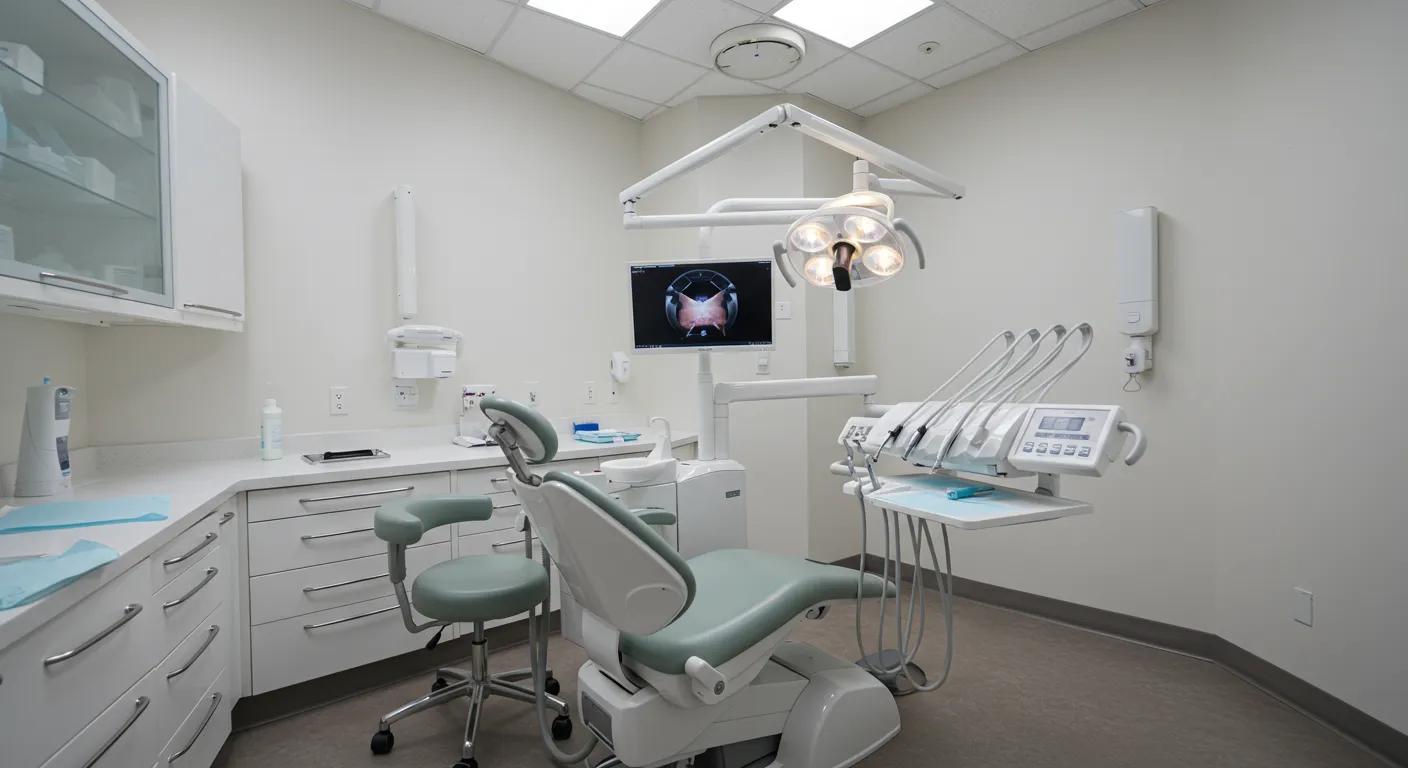 a sleek, modern dental clinic in lake worth showcases a state-of-the-art dental chair surrounded by advanced imaging equipment, illuminated by bright, clinical lighting, as a professional prepares tailored plans for implant surgery.