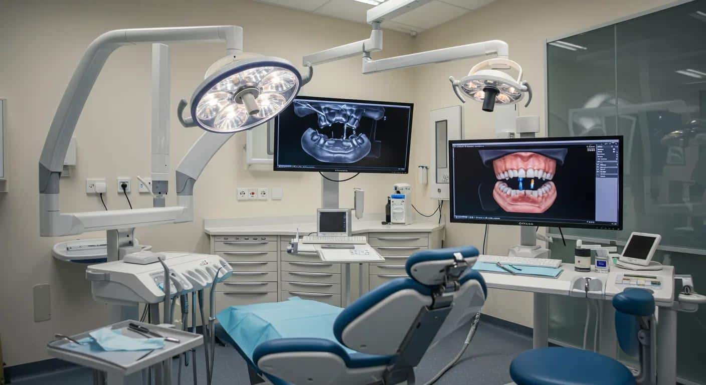 a high-tech dental clinic in mansfield, featuring a sleek surgery room with advanced digital imaging equipment and an elaborately detailed 3d model of a patient's jaw displayed on a monitor, capturing the meticulous dental implant placement process.