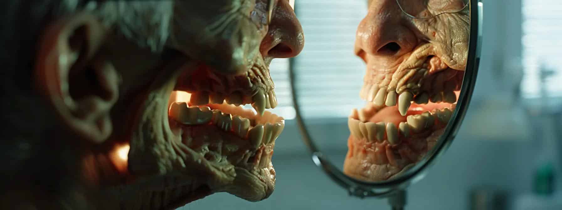 a close-up view of a dental clinic's consultation room featuring a patient examining a set of ill-fitting dentures in front of a bright mirror, highlighting the discomfort and irritation that can arise from improper denture fit and hygiene.