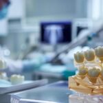 a detailed, visually engaging dental clinic interior showcases a dental professional examining a high-tech model of dental implants, highlighting their intricate structure and function against a backdrop of sterile, modern equipment.