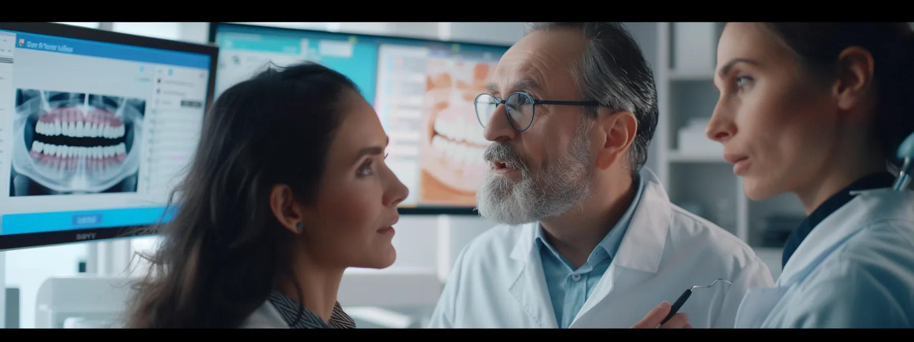 a discerning dentist reviews a digital chart in a modern clinic, while a patient engaged in a focused consultation reflects changes in eating habits and speech clarity, underscoring the importance of dental health assessments for potential denture needs.