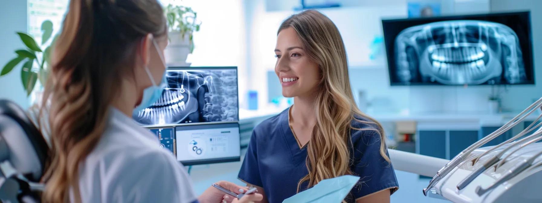 a focused dental consultation setting, featuring a dental professional analyzing high-resolution digital x-rays, while engaged in an informative discussion with a patient about candidacy factors for dental implants, highlighted by clear visual aids summarizing key criteria.