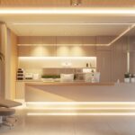 a meticulously designed dental clinic interior features a modern surgical setup, showcasing a dental implant procedure in progress with a focus on resilient, firm gingival tissue surrounding the implant, illuminated by soft, professional lighting that enhances the clinical environment.