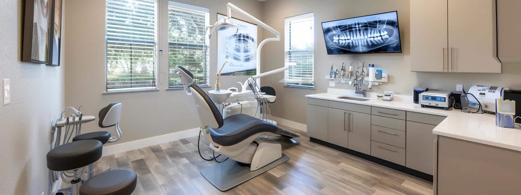 a modern, brightly lit dental office in lake worth showcases a patient consult room where a dental professional reviews advanced 3d imaging on a sleek monitor, preparing to discuss personalized dental implant options with a focused patient, emphasizing a blend of technology and compassionate care.