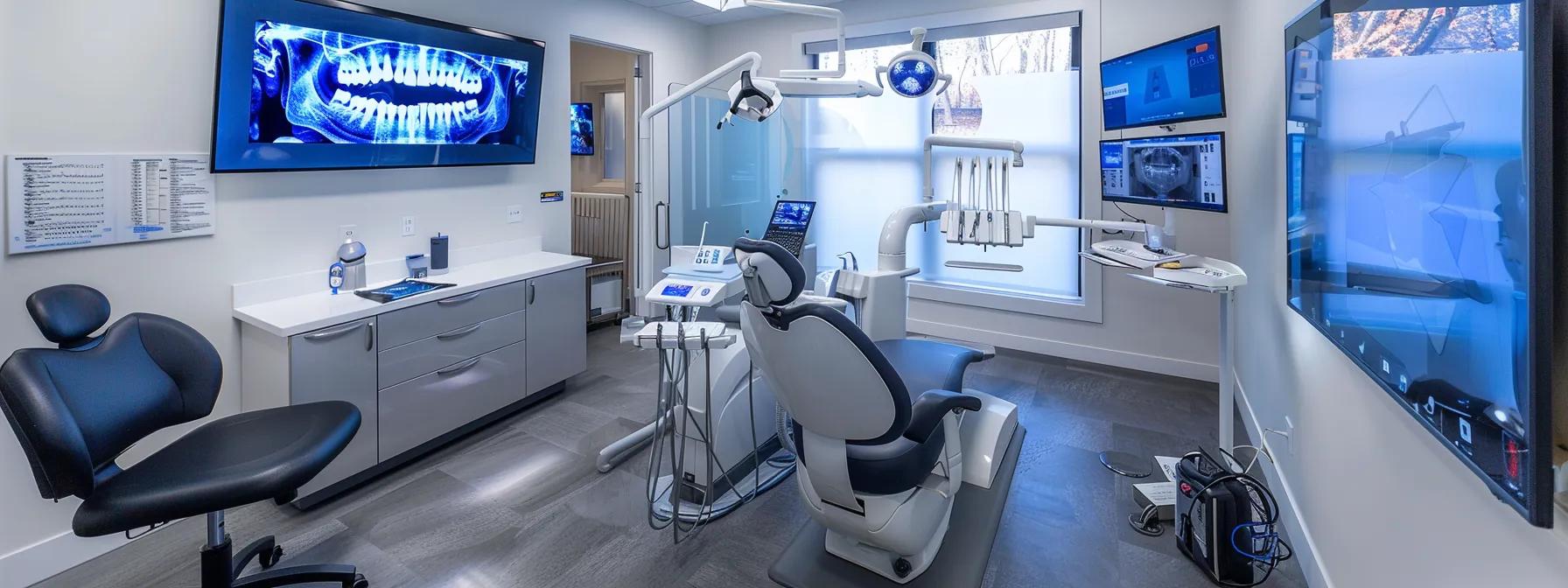 a modern dental clinic consultation room features a patient seated in an ergonomic chair, surrounded by advanced imaging equipment and a digital display showcasing a detailed 3d model of dental implants, emphasizing a state-of-the-art approach to personalized oral health care.