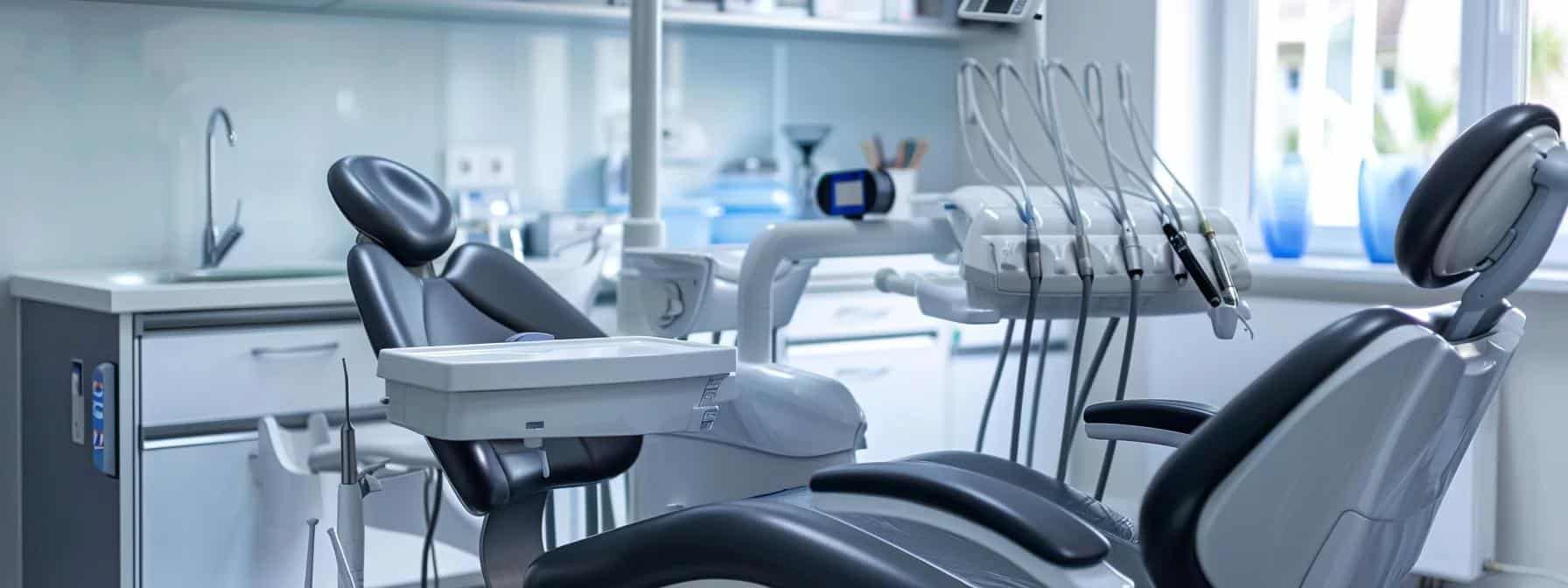 a modern dental clinic features a close-up view of a confident patient smiling broadly, showcasing a flawless set of dental implants, while a high-tech dental chair and advanced tools create a sleek, professional ambiance.