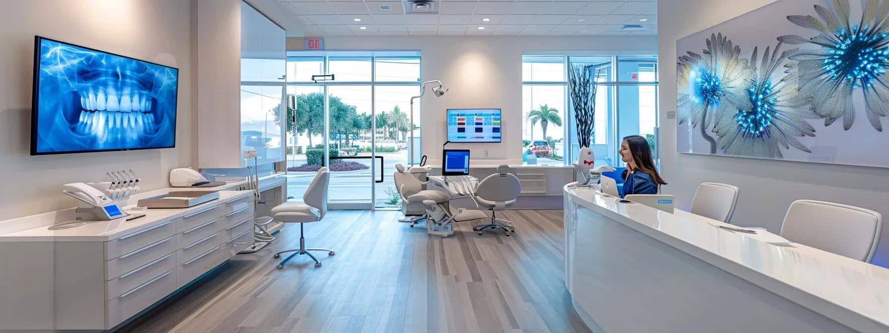 a modern dental clinic in lake worth showcases a sleek consultation area, featuring a confident patient discussing affordable dental implant options with a knowledgeable dentist, illuminated by bright, professional lighting that highlights the advanced dental technology and materials on display.