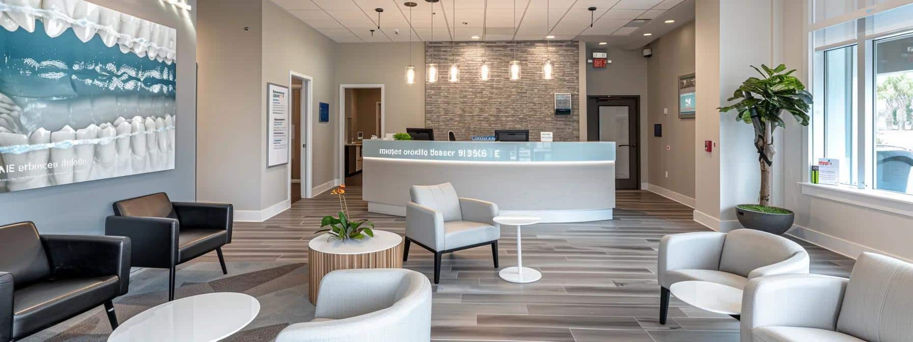 a modern dental clinic in lake worth features a welcoming reception area with sleek furnishings, a clear cost breakdown displayed on a digital screen, and brochures for flexible financing options, emphasizing transparent financial planning for dental implant treatments.