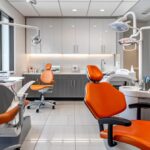 a modern dental clinic in lake worth showcases a confident patient smiling broadly in a sleek, well-lit environment, with advanced dental technology and a dental professional discussing personalized implant options in the background.